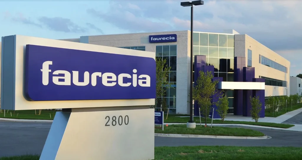 Faurecia office building behind its entrance sign