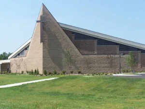 Clarkston Community Church with a tall block masonry gable