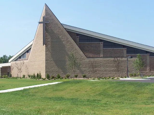 Clarkston Community Church with a tall block masonry gable