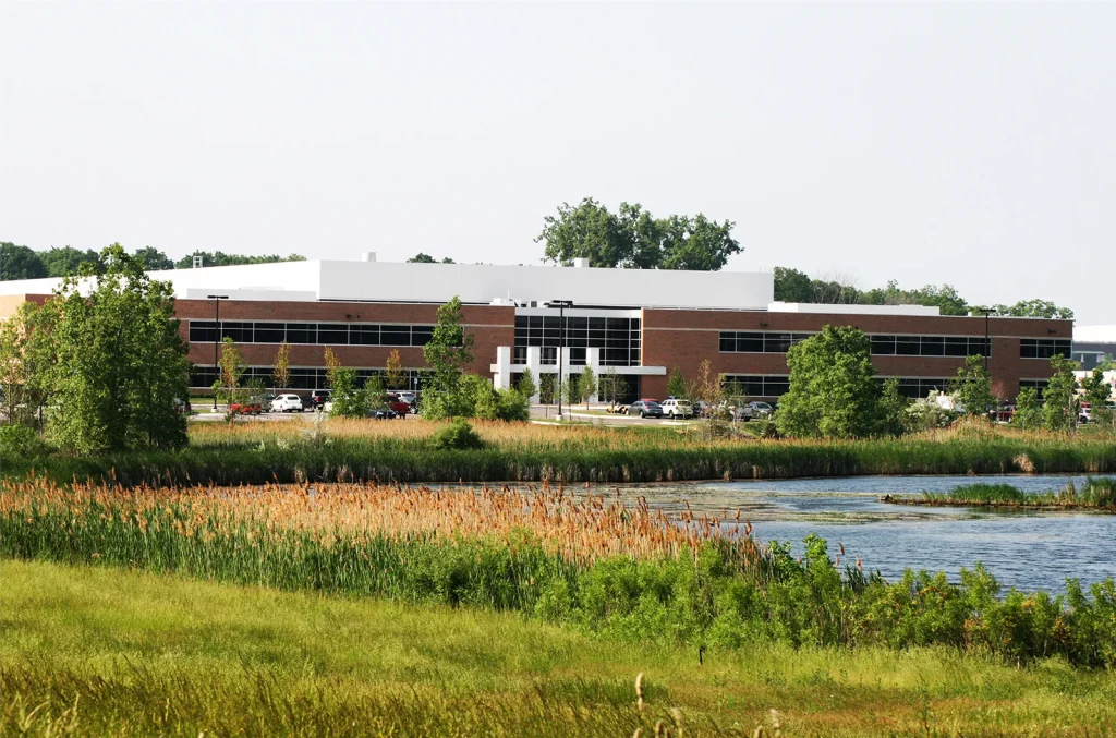 Farathane office building beside a pond