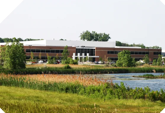 Farathane office building beside a pond