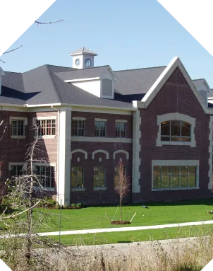 Brick office building with gabled roofs